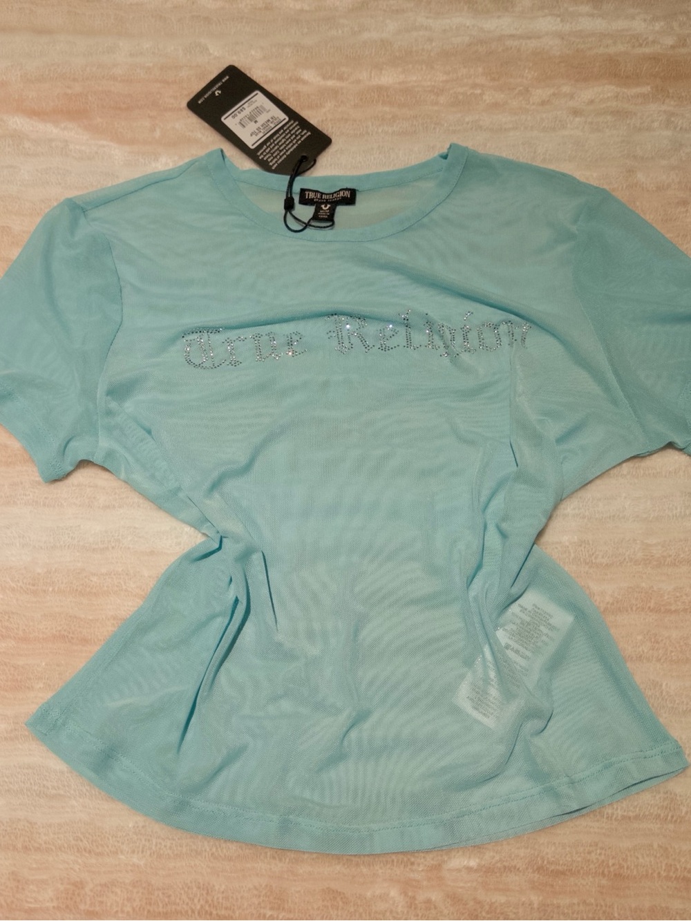 True Religion Women's Light Teal Logo Sheer Tee